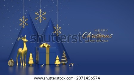 Christmas banner. Composition from gift box, gold deer, shining showflakes and ball, golden metallic spruce trees. New Year cone shape trees. Xmas background, greeting card. Vector 3D illustration.