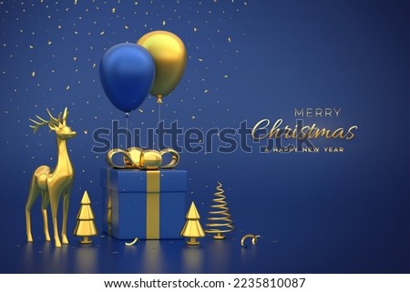 Christmas banner. Composition from gift box with golden bow gold deer, metallic pine, spruce trees, festive helium balloons. New Year pine fir, spruce trees. Xmas background. Vector 3D illustration.