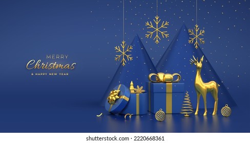 Christmas banner. Composition from gift boxes, gold deer, shining showflakes and ball, golden metallic spruce trees. New Year cone shape trees. Xmas background, greeting card. Vector 3D illustration.
