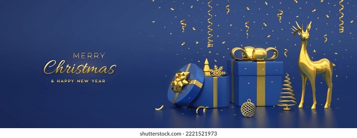 Weihnachtsbanner. Zusammensetzung aus Geschenkschachteln mit goldenem Buggoldhirsch und goldener metallischer Kiefer, Fichtenbäume. Neujahrsbäume, Bälle. Weihnachtshintergrund, Grußkarte, Kopfzeile. Vektorgrafik 3D.