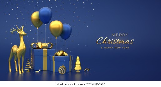 Christmas banner. Composition from gift boxes with golden bow gold deer, metallic pine, spruce trees, festive helium balloons. New Year trees, balls. Xmas background, header. Vector 3D illustration.