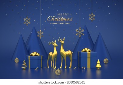 Christmas banner. Composition from gold deers, gift boxes, golden shining showflakes and ball, metallic spruce trees. New Year cone shape trees. Xmas background, greeting card. Vector 3D illustration.