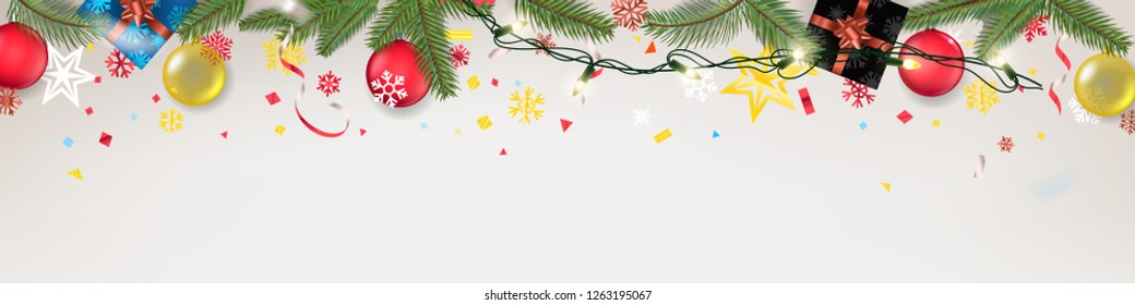 Christmas banner concept. Holiday web header Christmas background. Xmas elements on 
black. Top view vector illustration 