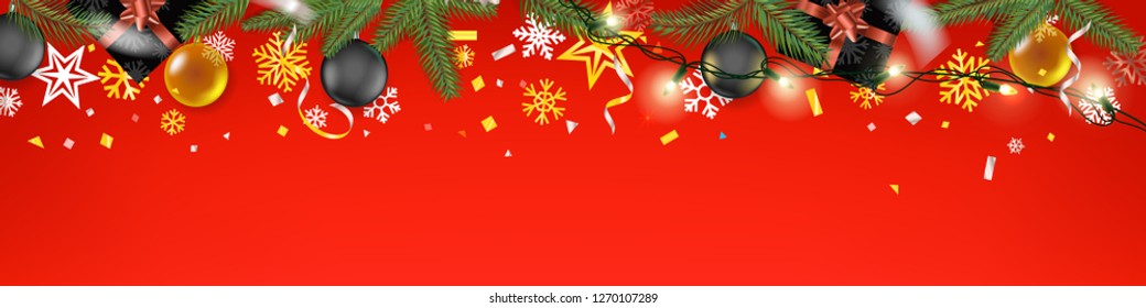 Christmas banner concept. Holiday web header Christmas background. Xmas elements on red. Top view vector illustration 