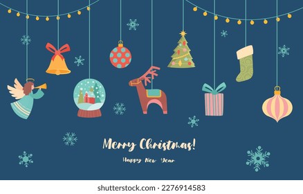 Christmas banner concept. Toys on pendants, decorations for home and apartment. Symbol of winter holidays and festivals. Design for greeting and invitation postcard. Cartoon flat vector illustration