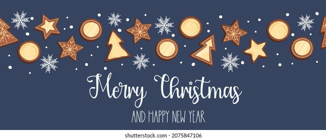 Christmas banner with cookies seamless horizontal composition with text merry christmas.Gingerbread cookies with snowflakes. Vector illustration in flat style