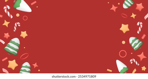 Christmas banner with copy space and border of 3d winter elements. Snowy trees, stars, candy cane and confetti frame. New Year invitation, greeting card, announcement template. Vector illustration.