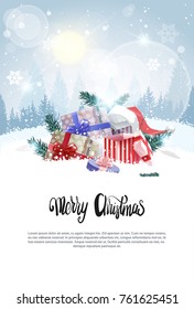 Christmas Banner with Copy Space Holiday Card Present Boxes In Snow Over Winter Forest View Vector Illustration