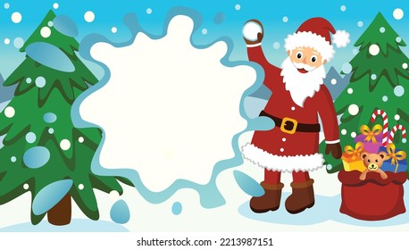 Banner navideño con espacio de copia, ilustración vectorial. Divertido anuncio de Navidad. Santa claus juega a las bolas de nieve. Santa claus con una carta de regalos en la naturaleza. Publicidad de descuento y venta.