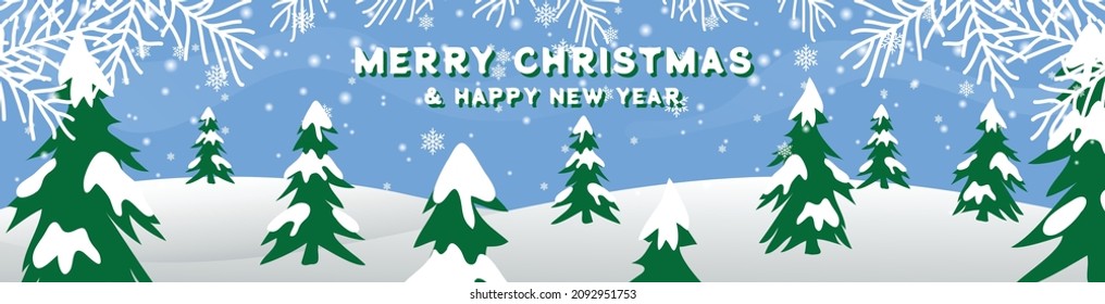 christmas banner creative design template vector, with tree on snow hill, blue background color