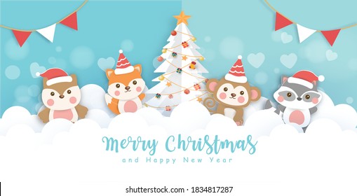 Christmas banner with a cute animals in the snow village paper cut and craft style. 