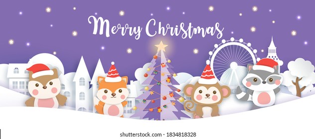 Christmas banner with a cute animals in the snow village paper cut and craft style. 