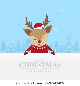 Christmas banner. Cute deer with blank sign for entering message. Merry christmas and happy new year. Christmas greeting card