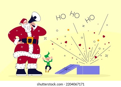 Christmas banner with cute elf, opened gift and Santa Claus stands at full height and speaking in loudspeaker and greeting with Merry Christmas and Happy New year. Merry Christmas and Happy New Year
