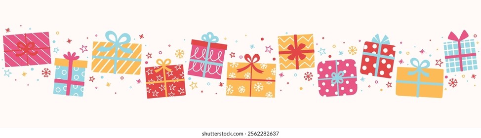 Christmas banner with cute hand drawn presents. Vector illustration