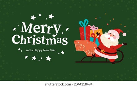 Christmas banner with cute happy Santa Claus character, sleigh full of presents, text Merry Christmas greeting on green snowy background. Vector flat illustration. For card, package, web, invitation.