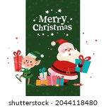 Christmas banner with cute happy winter Santa Claus, elf character, gifts and text Merry Christmas greeting on green background. Vector flat illustration. For cards, packaging, web.