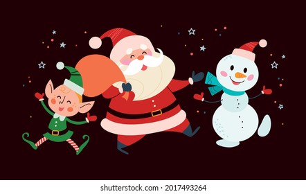 Christmas banner with cute happy winter characters on black background. Santa Claus with gift bag, snowman and elf greeting. Vector flat illustration. For cards, packaging, web, invitation, banner.