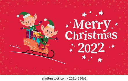 Christmas banner with cute happy winter Santa elves characters sledding Santa and text Merry Christmas greeting on red backdrop. Vector flat illustration. For cards, packaging, web, invitation.