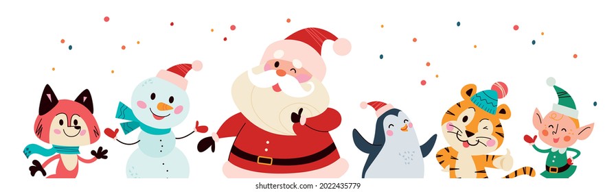 Christmas banner with cute happy winter characters. Santa Claus, elf, snowman, penguin, fox, tiger isolated. Vector flat cartoon illustration. For cards, packaging, web, invitation.