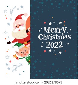 Christmas banner with cute happy winter Santa Claus, elf character, gifts and text Merry Christmas greeting on dark background. Vector flat illustration. For cards, packaging, web.