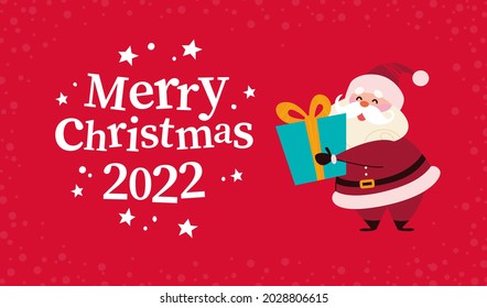 Christmas banner with cute happy winter Santa Claus character hold gift box and text Merry Christmas greeting on red snowy background. Vector flat illustration. For cards, packaging, web, invitation.
