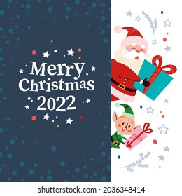 Christmas banner with cute happy winter Santa Claus, elf character, gifts and text Merry Christmas greeting on dark background. Vector flat illustration. For cards, packaging, web.