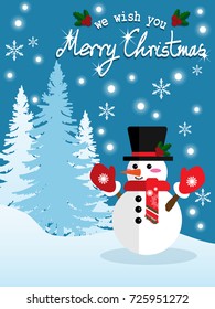 Christmas banner of cute snowman wearing black hat and red scarf on snowy ground near fir trees and We wish you Merry Christmas text on falling snow background. Vector illustration.