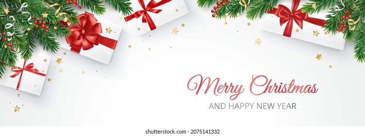 Christmas banner with decorated fir tree branches and presents on white background. Gift boxes with red ribbons. Merry Christmas text. For New Year and winter holiday cards, headers, gift certificates