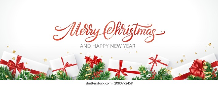 Christmas banner with decorated fir tree branches and presents on white background. Gift boxes with red ribbons. Merry Christmas text. For New Year and winter holiday cards, headers, gift certificates