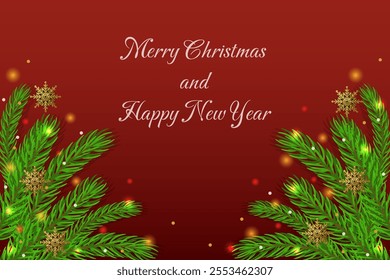 Christmas banner decorated snowflakes with fir branches on dark red background. Festive header design for your website. Vector illustration