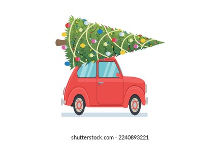 Christmas banner decorated with christmas tree on red car designed for new year
