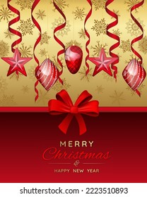Christmas banner with decoration balls red ribbons and knoted bow. Christmas theme on a golden snowflakes background. Festive design for the winter holidays, events and sales. Vector illustration.