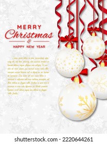 Christmas banner with decoration  balls and ribbons. Christmas decoration on a white snowflakes background. Festive design for the winter holidays, events, discounts, and sales. Vector illustration.