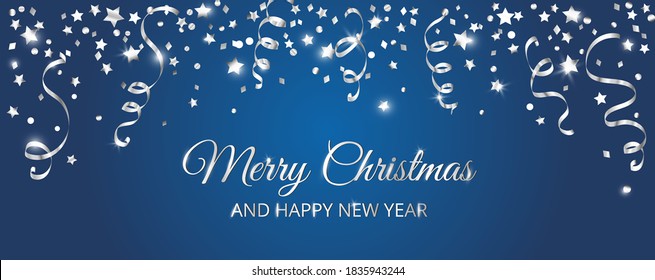 Christmas banner with decoration. Blue background with falling confetti, ribbons and stars. Festive border, silver frame. For New Year and winter holiday headers, party flyers. Vector illustration.