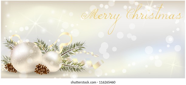 Christmas banner with decoration of conifer cone, ribbons and christmas tree branch