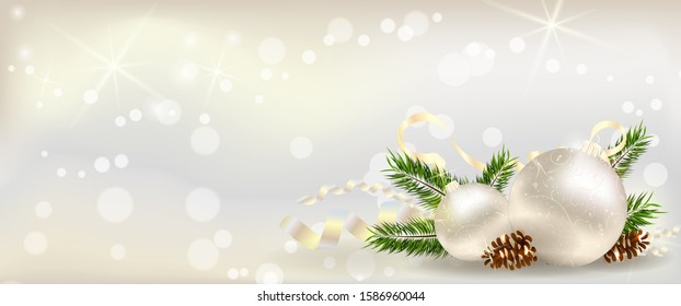 Christmas banner with decoration of conifer cone, ribbons and Christmas tree branch