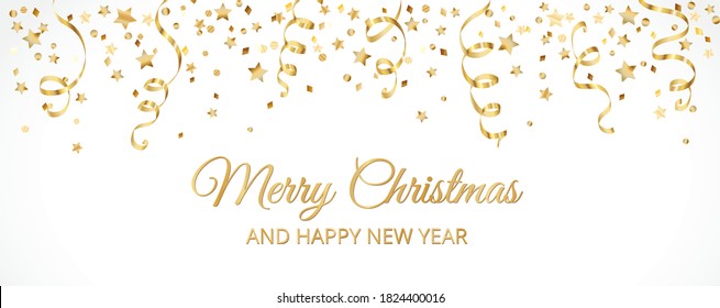 Christmas banner with decoration. Falling confetti, festive border. Celebration golden frame. For New Year and winter holiday banners, headers, party flyers. Vector illustration.