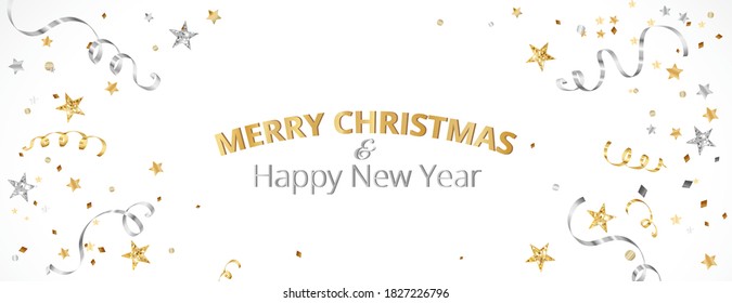 Christmas banner with decoration. Falling confetti, festive border. Celebration golden and silver frame. For New Year and winter holiday banners, headers, party flyers. Vector illustration.