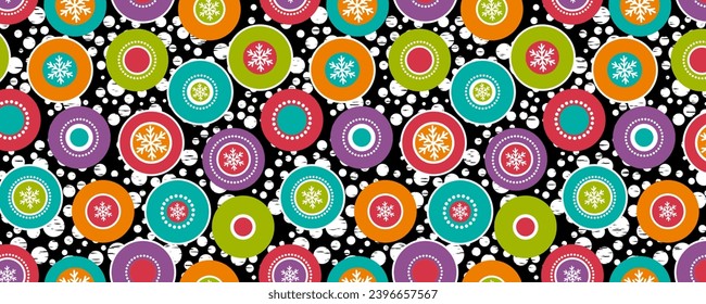 Christmas banner with decoration of snowflakes in colour rings. Merry Christmas and Happy New Year greeting banner. Horizontal new year background, headers, posters, website. Vector illustration
