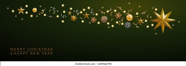 Christmas banner, decorations with abstract comet and star on green background