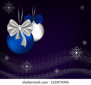 Christmas banner, with decorations and snowflakes, in a realistic style, on a dark blue background, with place for text, vector design