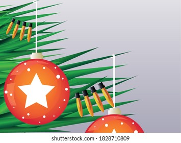 christmas banner with decorative christmas balls and glowing lights vector illustration design