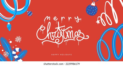 Christmas banner design with abstract hand drawn decorative elements. Merry Christmas handwritten calligraphy lettering in graffiti style. Winter holidays background. Vector illustration.