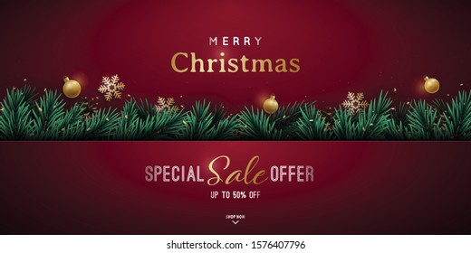 Christmas banner design with green realistic pine branches and golden decorative baubles. Vector Sale web banner. 