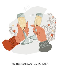 Christmas banner design with human hands raising glasses. Holiday celebration card backdrop with a toast and clinking glasses, flat vector illustration isolated on white background.