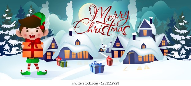 Christmas banner design. Jolly elf holding gift, night landscape, country houses and presents on snow in background. Illustration can be used for greeting cards, flyers, posters