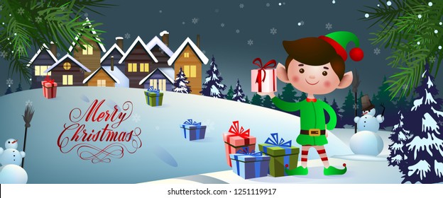 Christmas banner design. Joyful elf, gifts on snow, rural houses and snowmen with brooms in background. Illustration can be used for greeting cards, flyers, posters