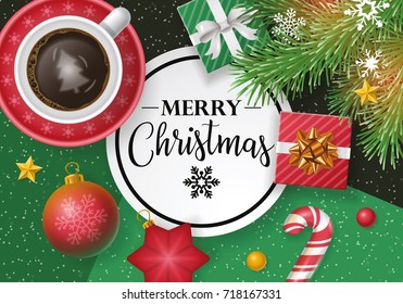 Christmas banner design with lettering, coffee cup, paper note and gifts. Flat lay style