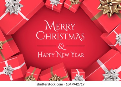 Christmas banner design with Merry Christmas and Happy New Year lettering on red background surrounded by realistic top view red gift boxes with white and gold bows and ribbons. Vector illustration